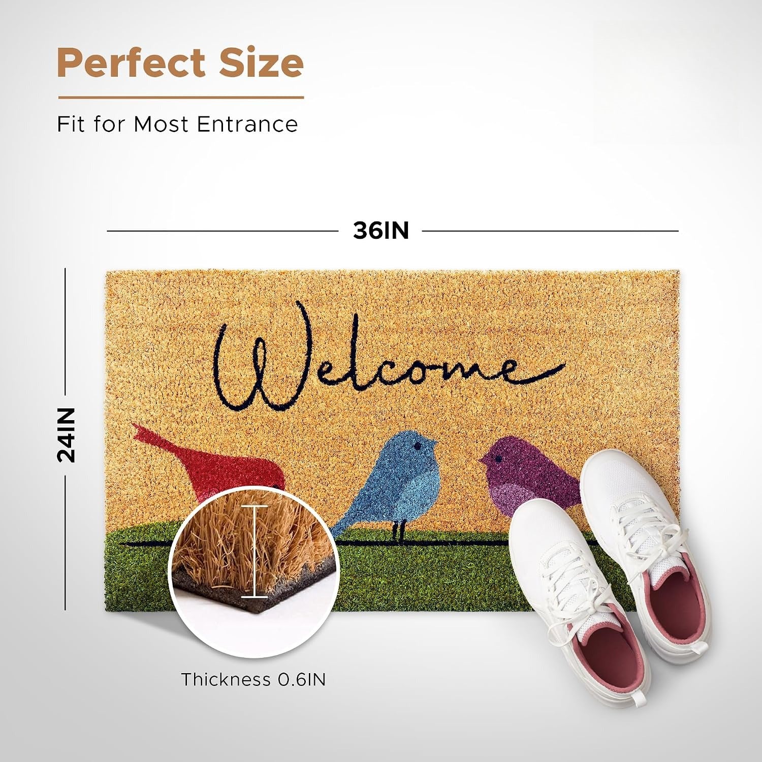 Colorful Birds Coir Welcome Mat Non Slip PVC Backing