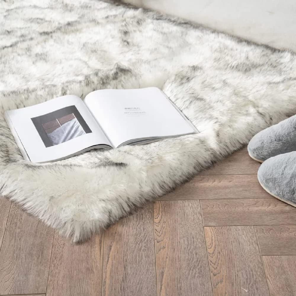 Grey White Washable Plush Faux Sheepskin Runner Rug