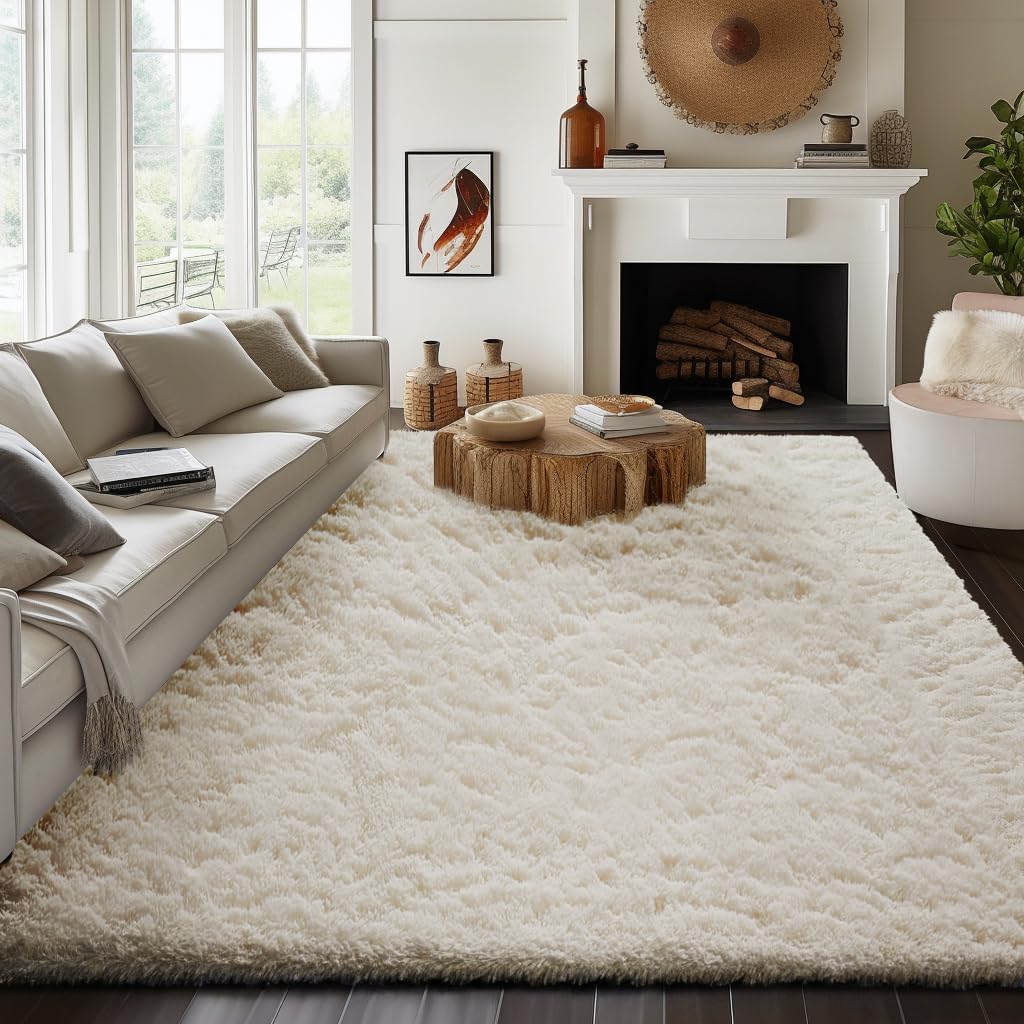 Ivory Washable Non-Slip Fluffy Large Shag Rug
