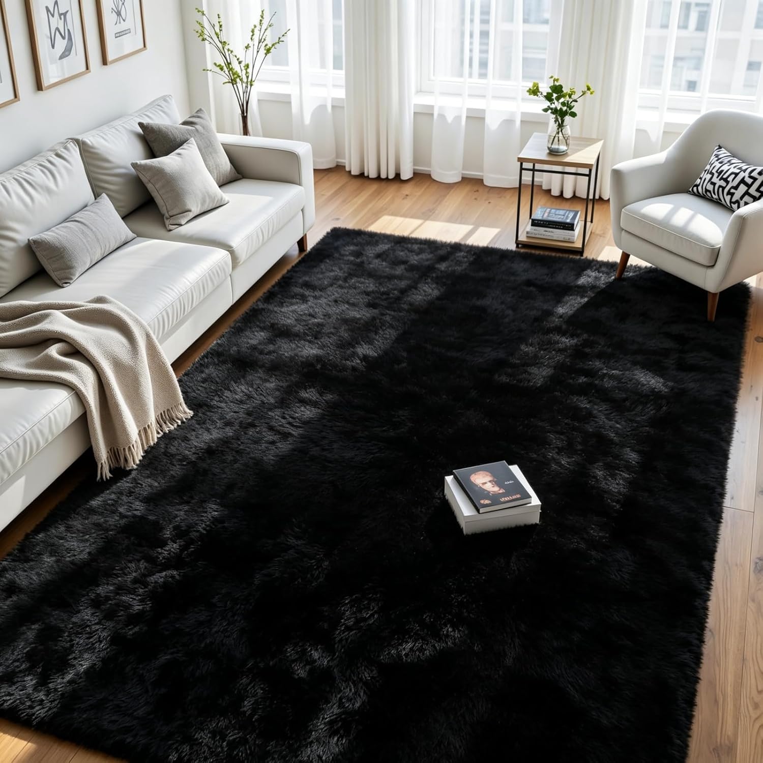 Black Washable Non-Slip Thick Fluffy Shag Area Rug