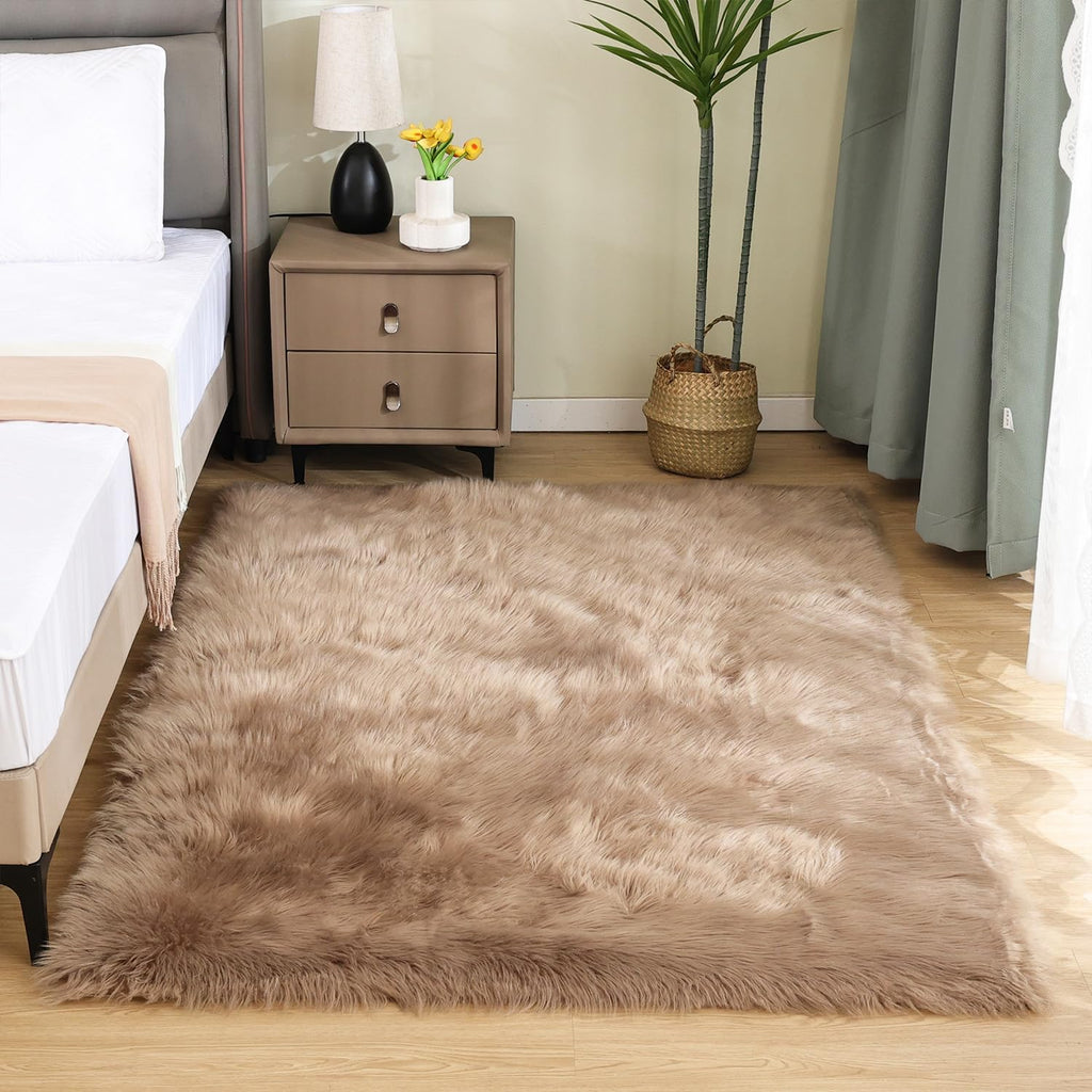 Brown Beige Washable Shaggy Faux Fur Rug