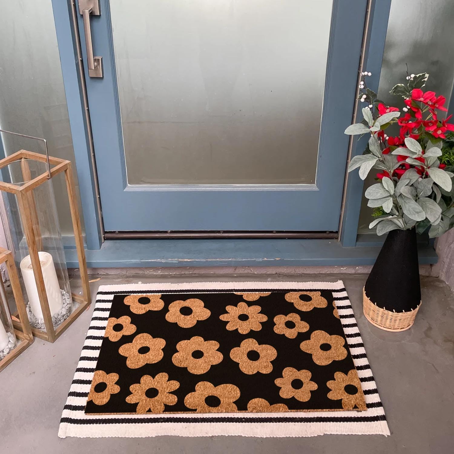 Floral Coir Welcome Mat PVC Backing Non Slip Outdoor