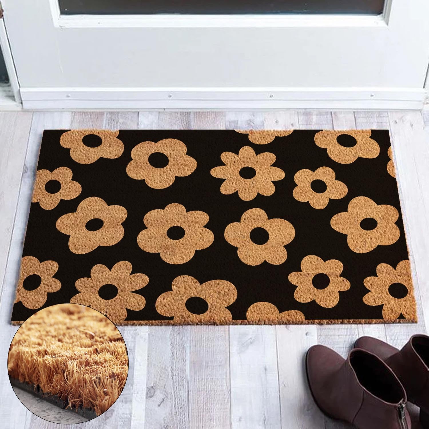 Floral Coir Welcome Mat PVC Backing Non Slip Outdoor