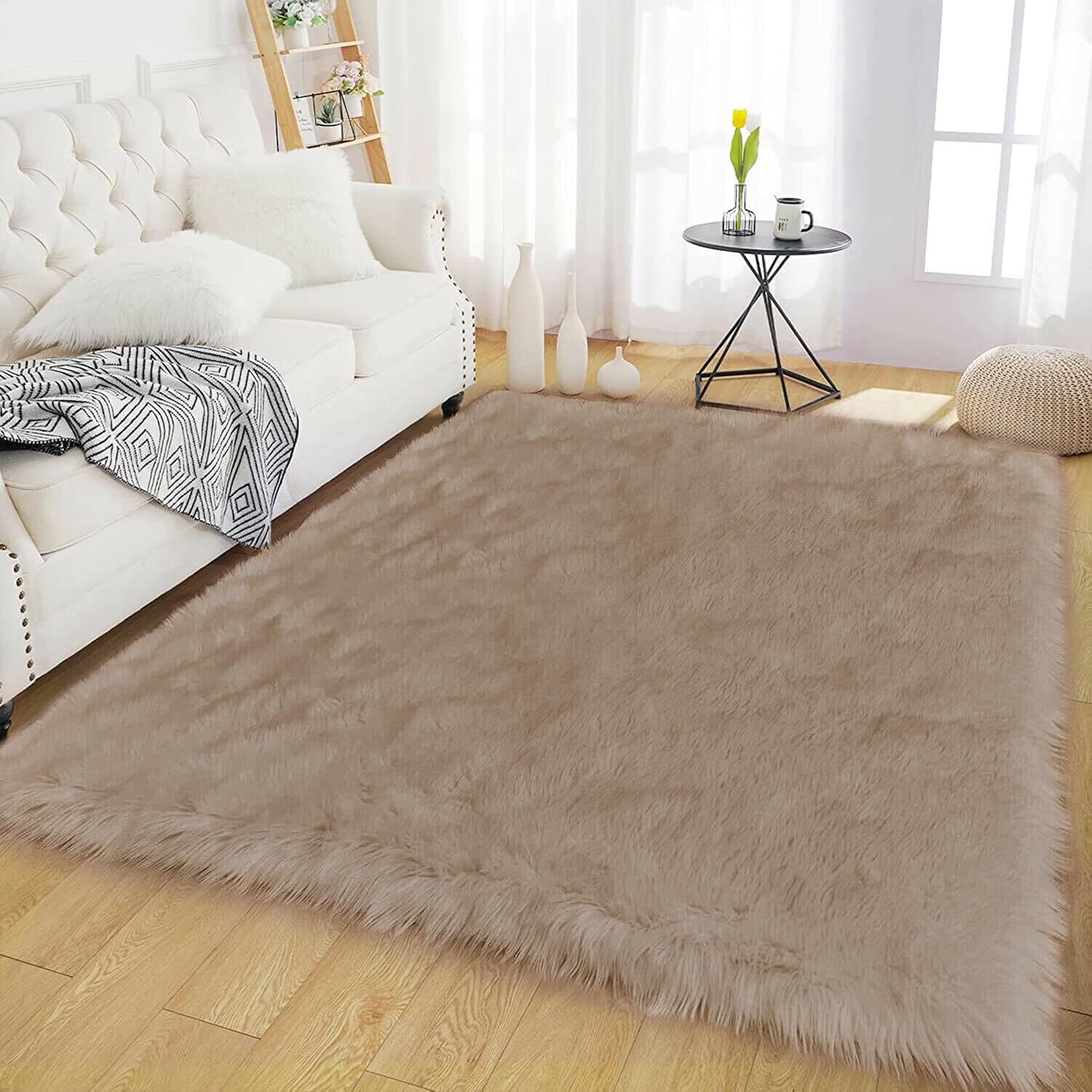 Brown Beige Washable Shaggy Faux Fur Rug
