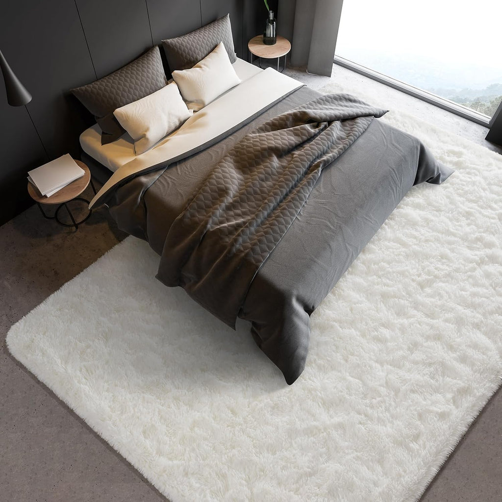 Cream White Fluffy Washable Indoor Area Rug
