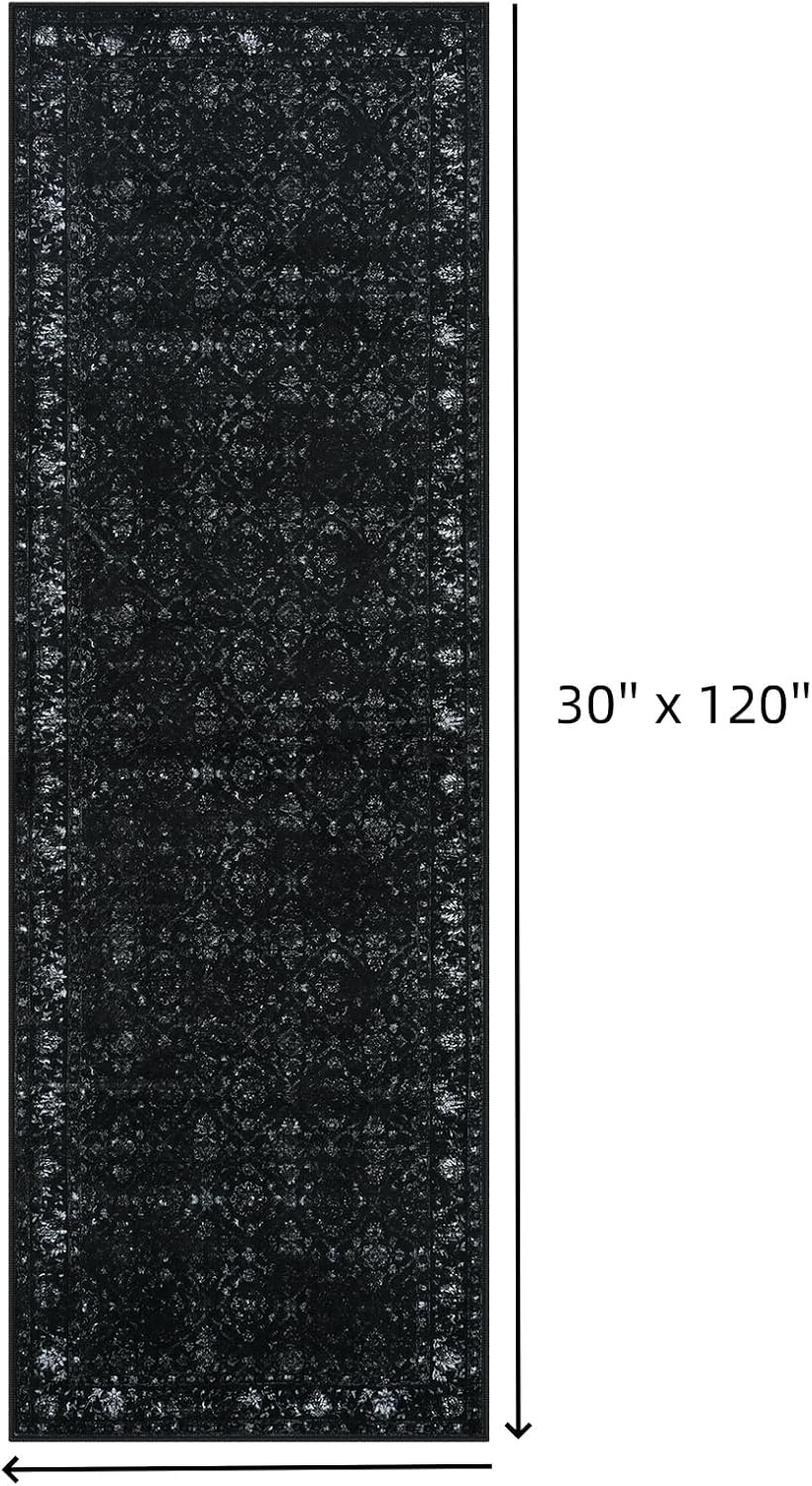 Vintage Black Runner Rug Washable Non Slip Thin