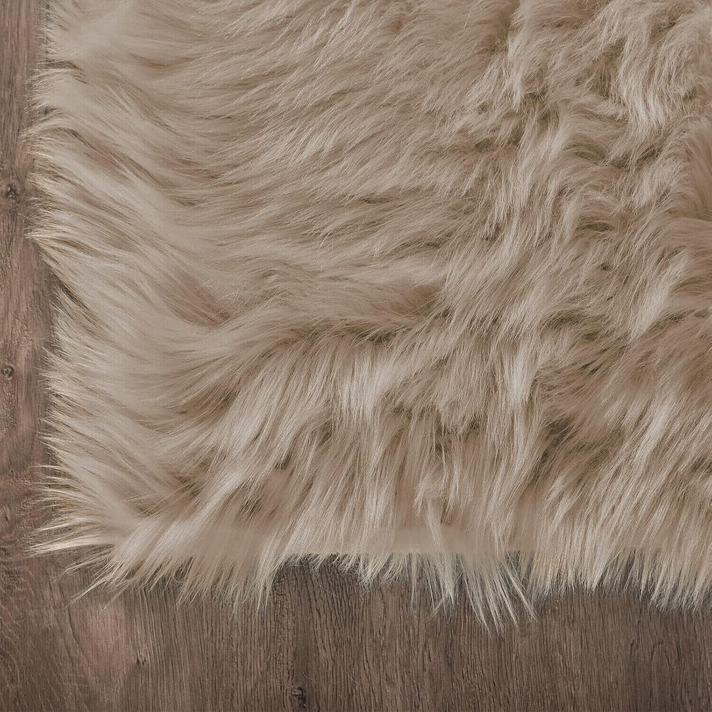 Brown Beige Washable Shaggy Faux Fur Rug