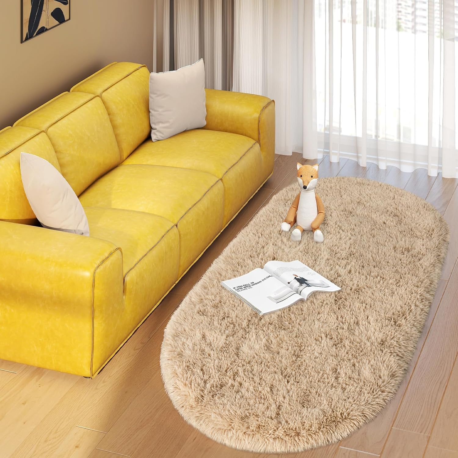 Oval Shag Rug Set Washable Non Slip Beige