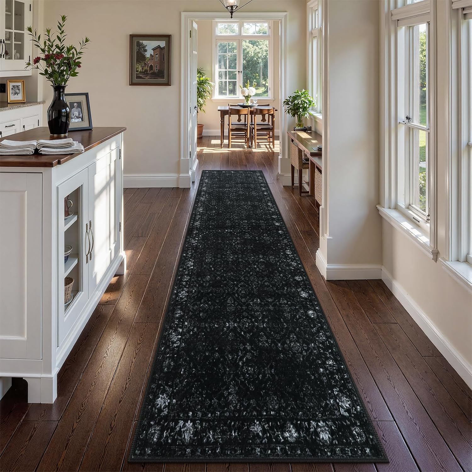 Vintage Black Runner Rug Washable Non Slip Thin