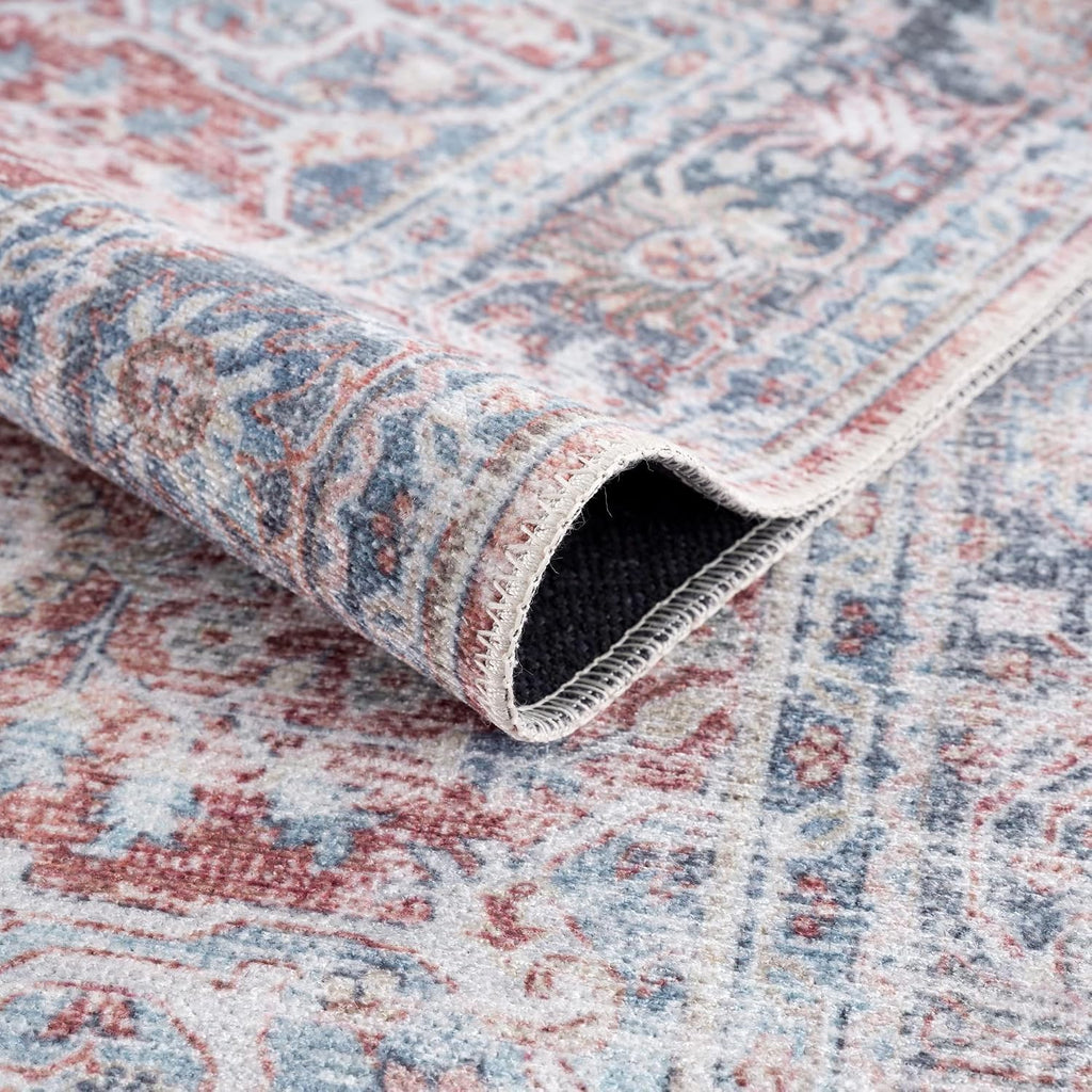 Traditional Runner Rug Washable Non Slip Brick Blue