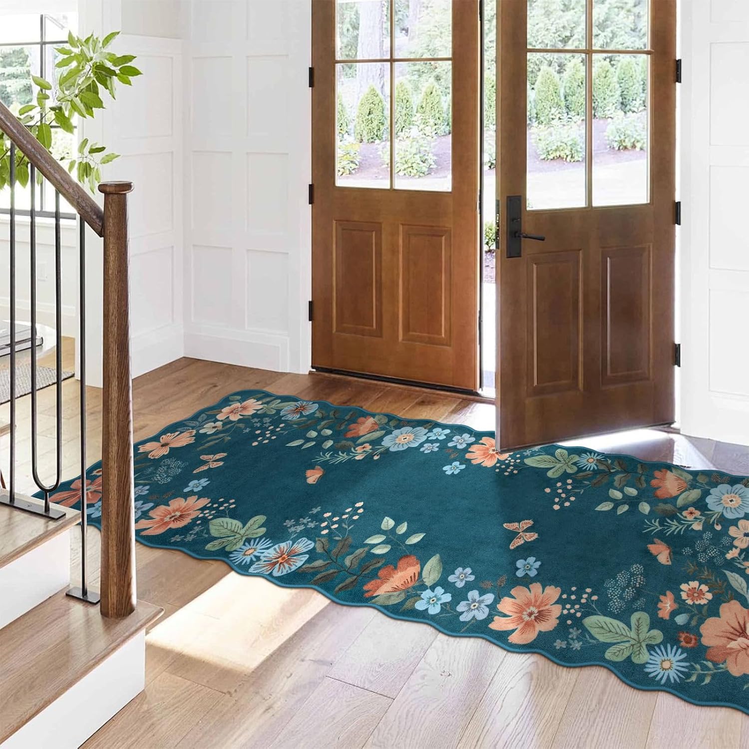 Boho Floral Runner Rug Non Slip Washable Navy Blue