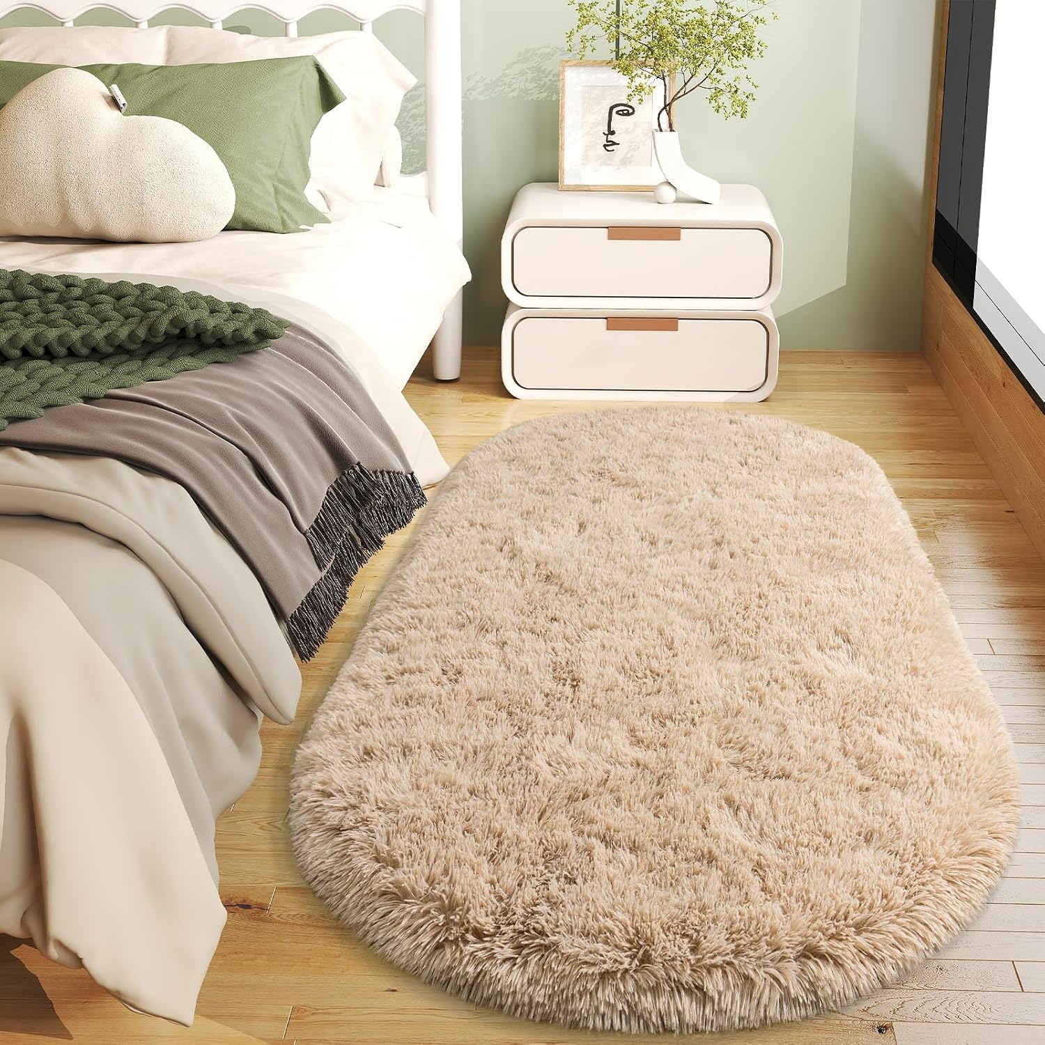 Oval Shag Rug Set Washable Non Slip Beige