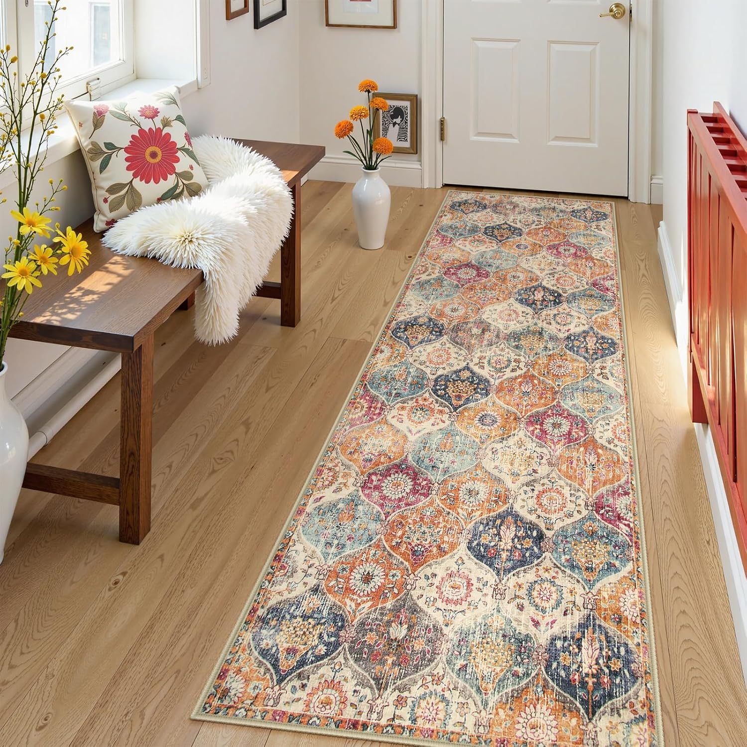 Moroccan Runner Rug Washable Non Slip Cream Multi