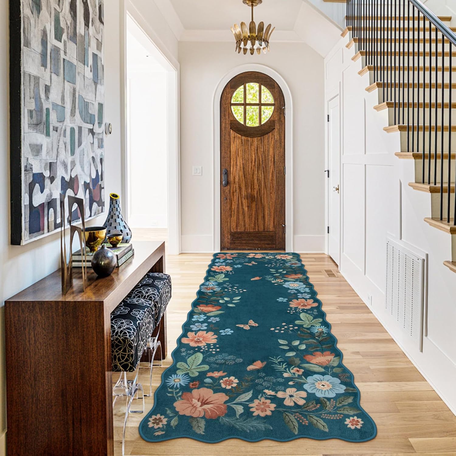 Boho Floral Runner Rug Non Slip Washable Navy Blue