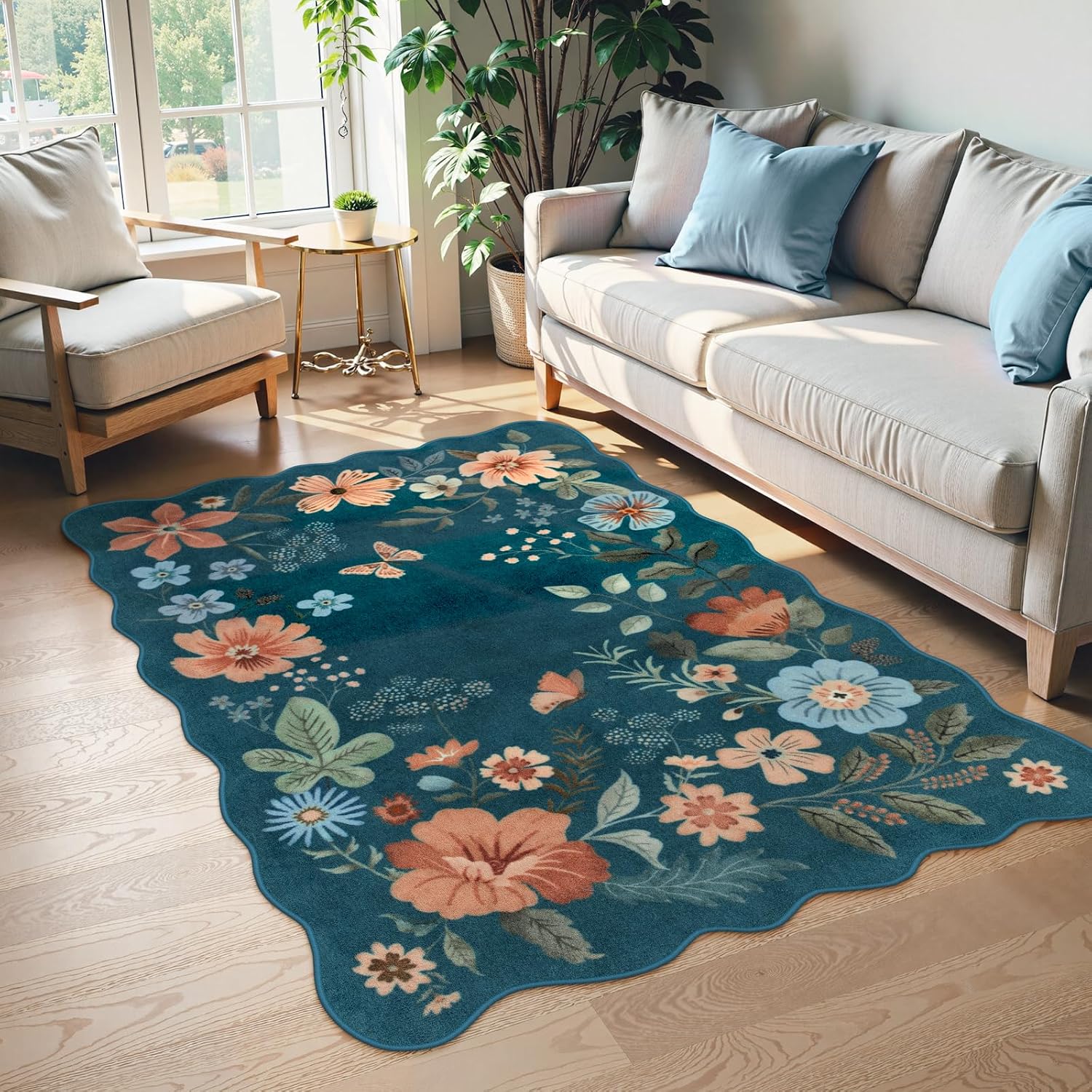 Boho Floral Runner Rug Non Slip Washable Navy Blue