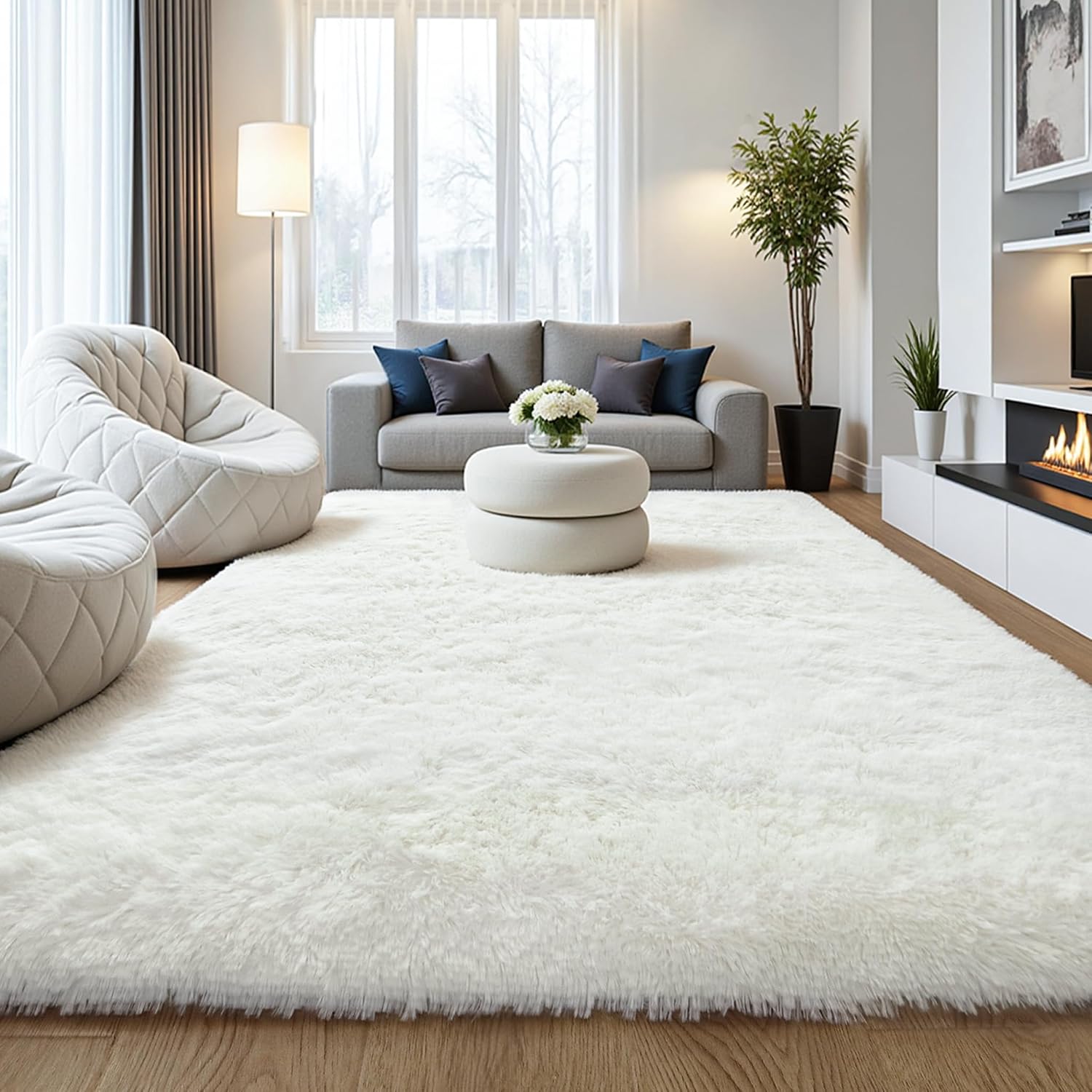 Cream White Washable Soft Fluffy Large Shag Area Rug