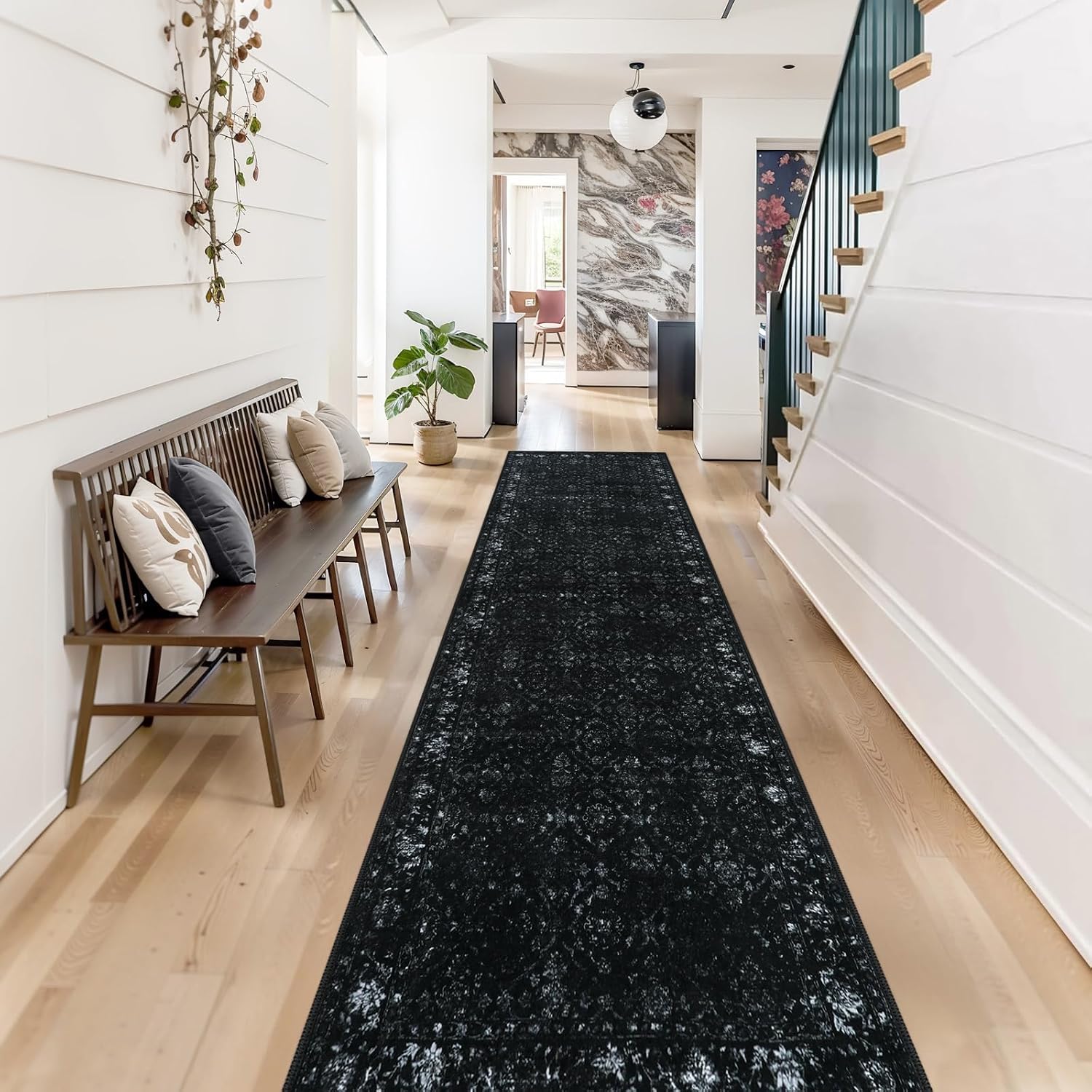 Vintage Black Runner Rug Washable Non Slip Thin