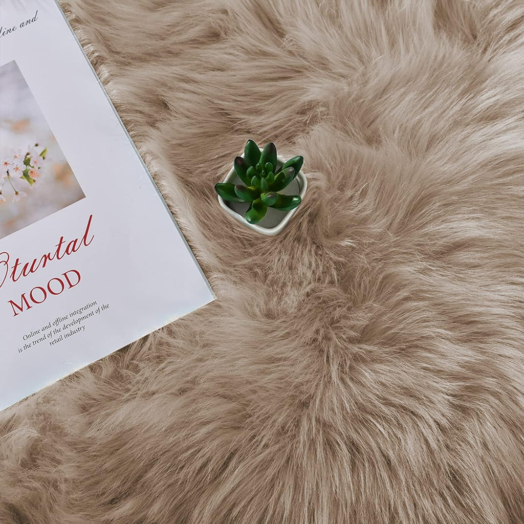 Brown Beige Washable Shaggy Faux Fur Rug