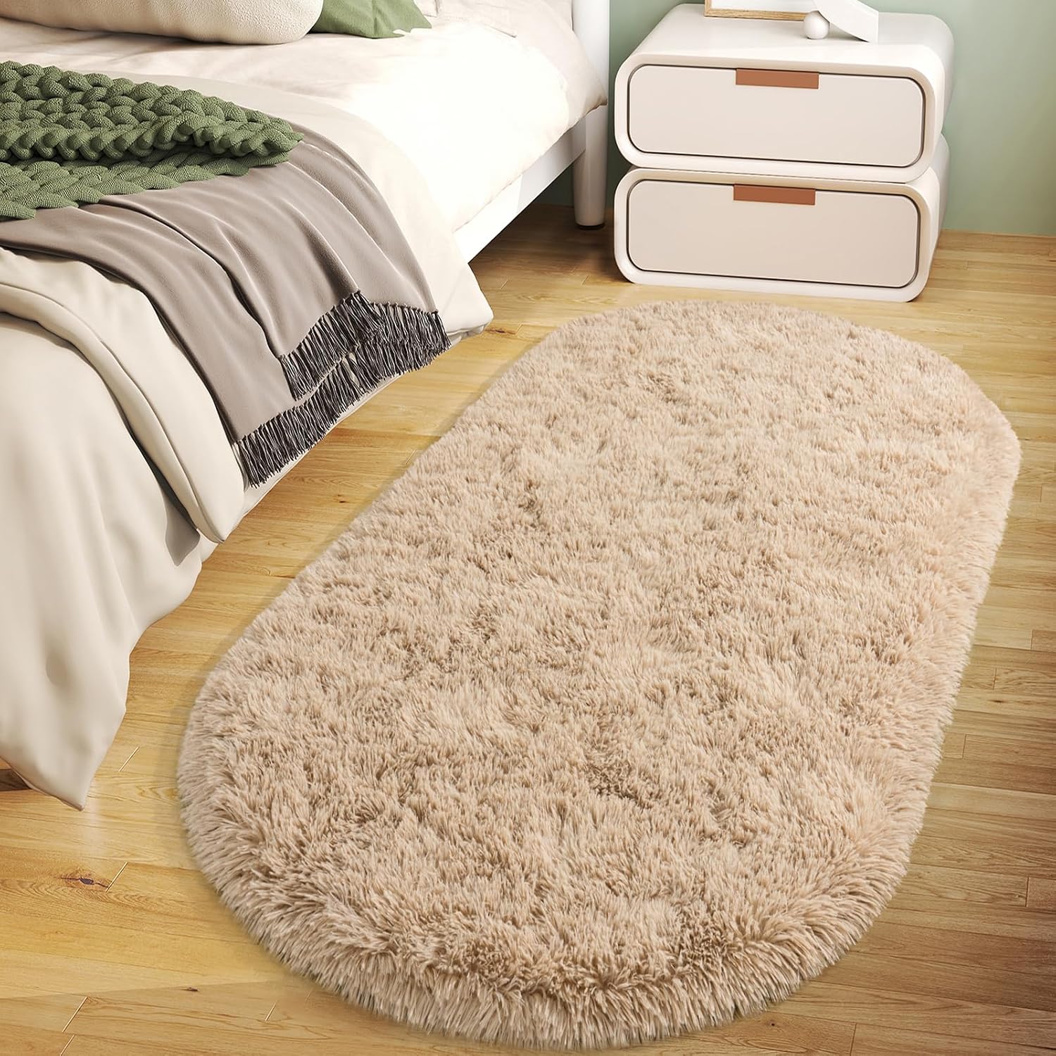 Oval Shag Rug Set Washable Non Slip Beige