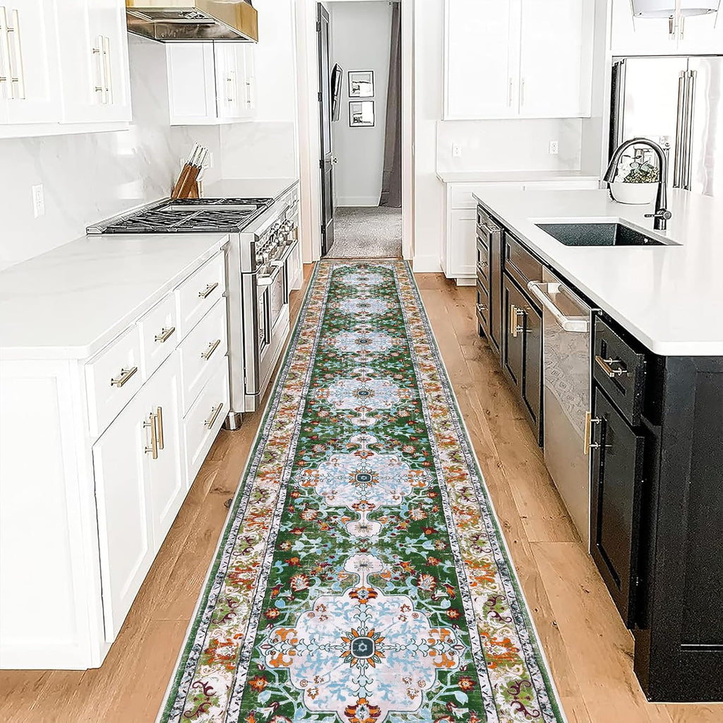 Boho Vintage Runner Rug Non Slip Washable Green