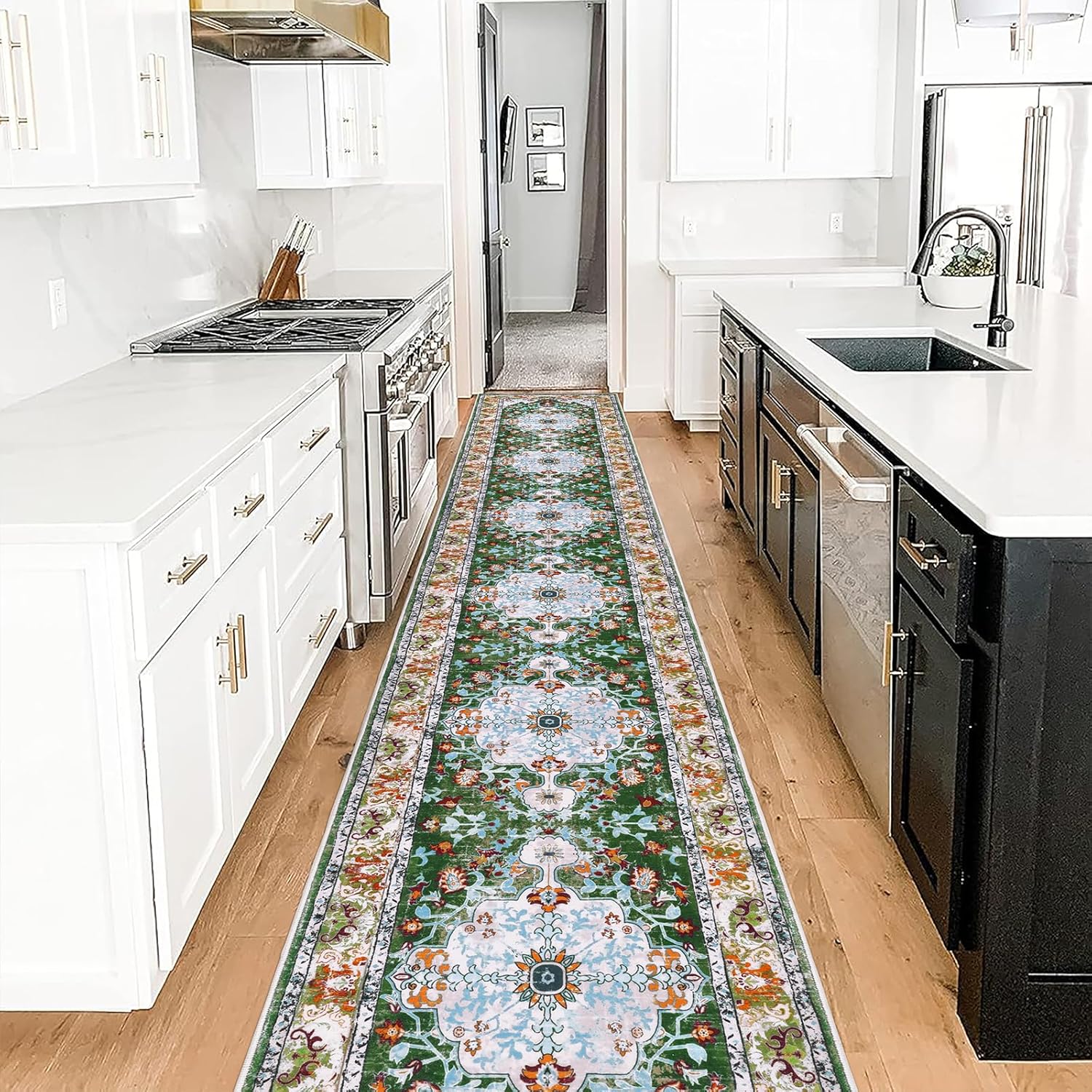Boho Vintage Runner Rug Non Slip Washable Green