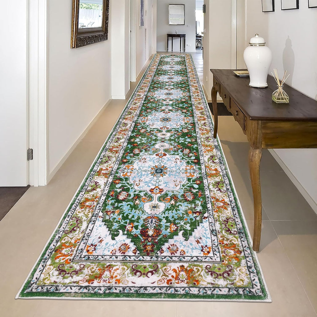 Boho Vintage Runner Rug Non Slip Washable Green