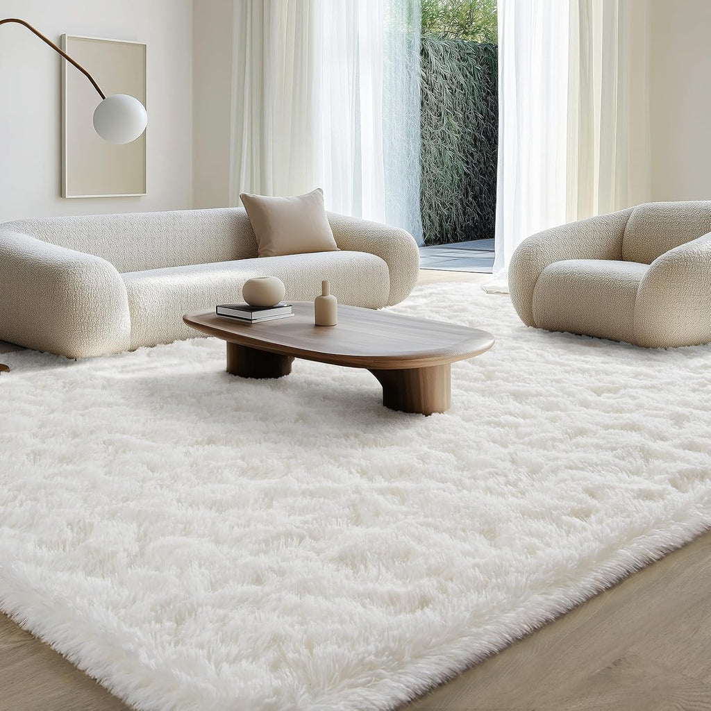 Cream White Fluffy Washable Indoor Area Rug