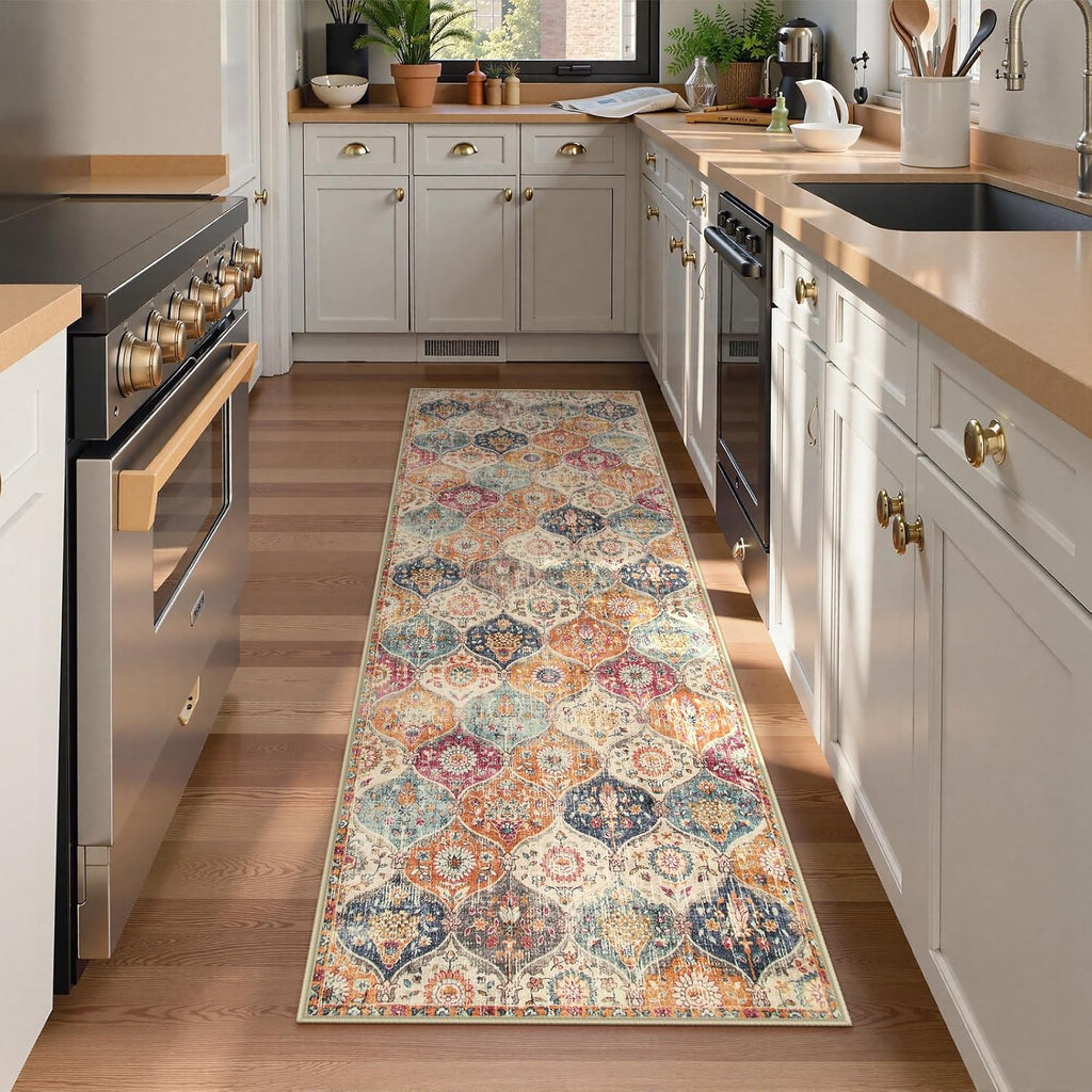 Moroccan Runner Rug Washable Non Slip Cream Multi