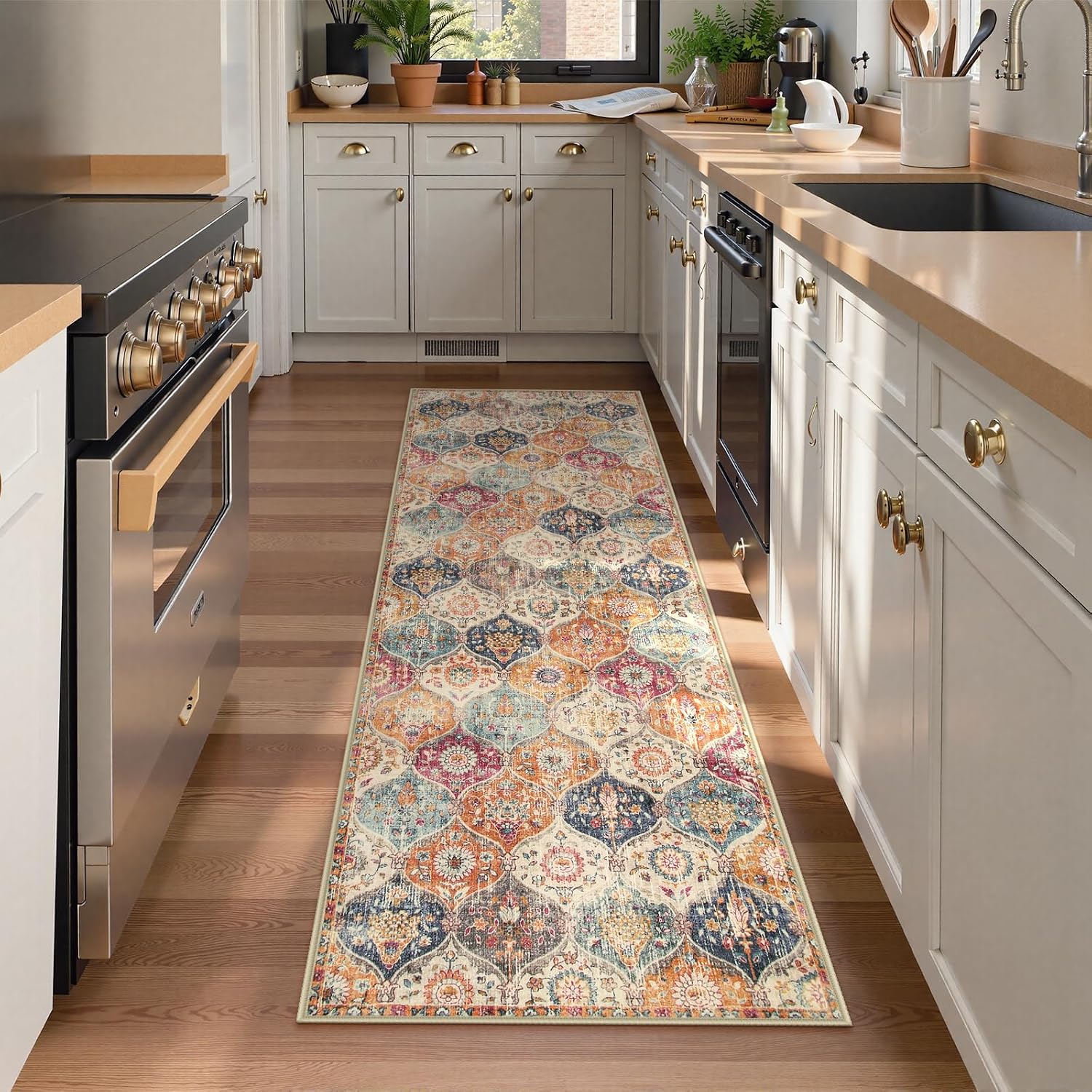Moroccan Runner Rug Washable Non Slip Cream Multi