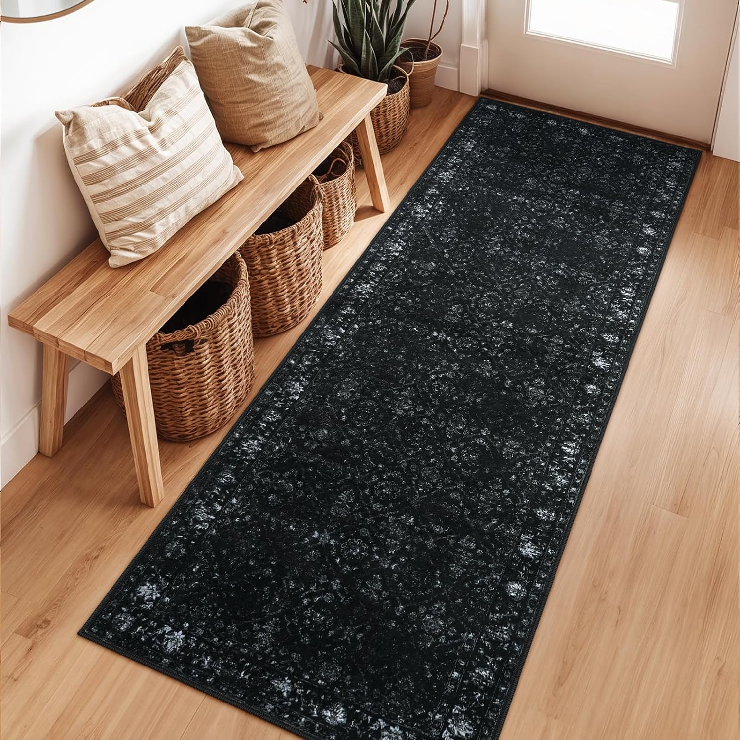 Vintage Runner Rug Washable Non Slip Thin Black