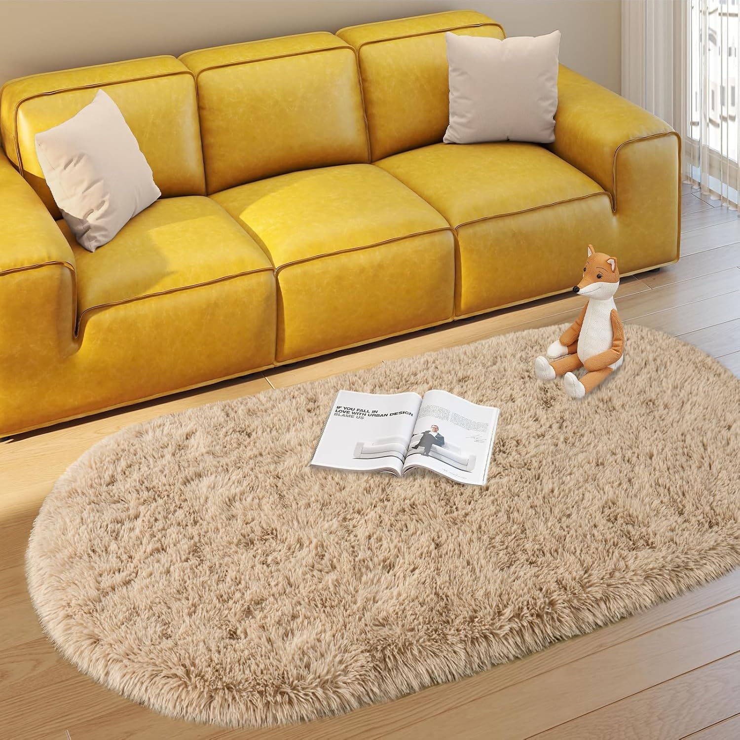 Oval Shag Rug Set Washable Non Slip Beige