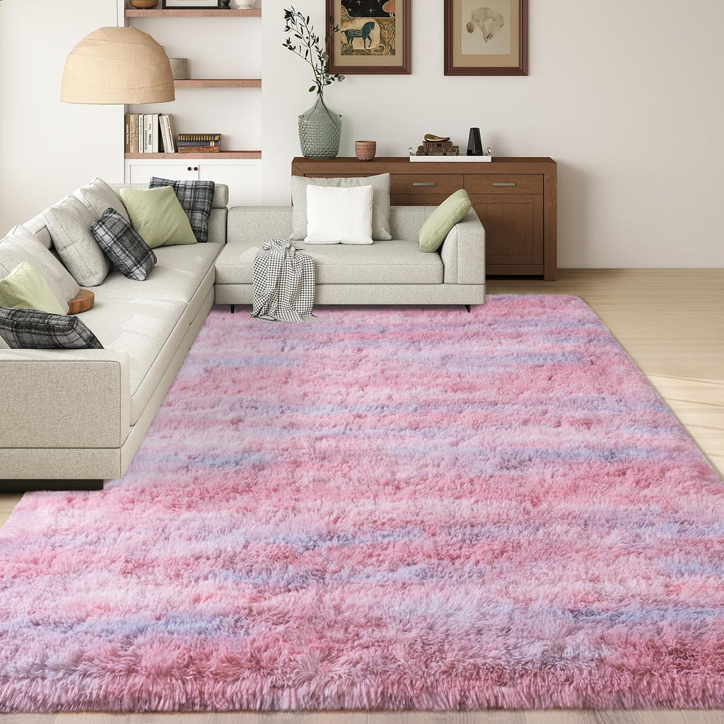 Abstract Pink Washable Non-Slip Fluffy Shag Rug