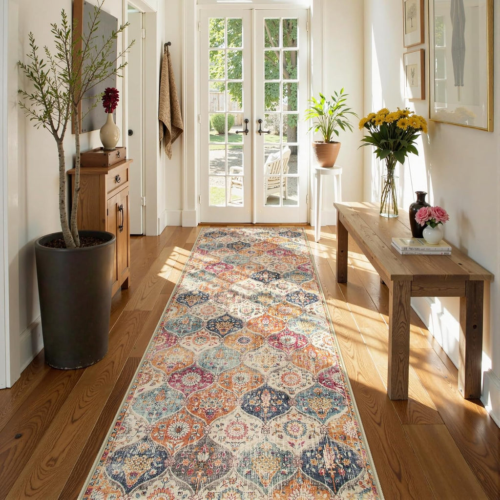 Moroccan Runner Rug Washable Non Slip Cream Multi