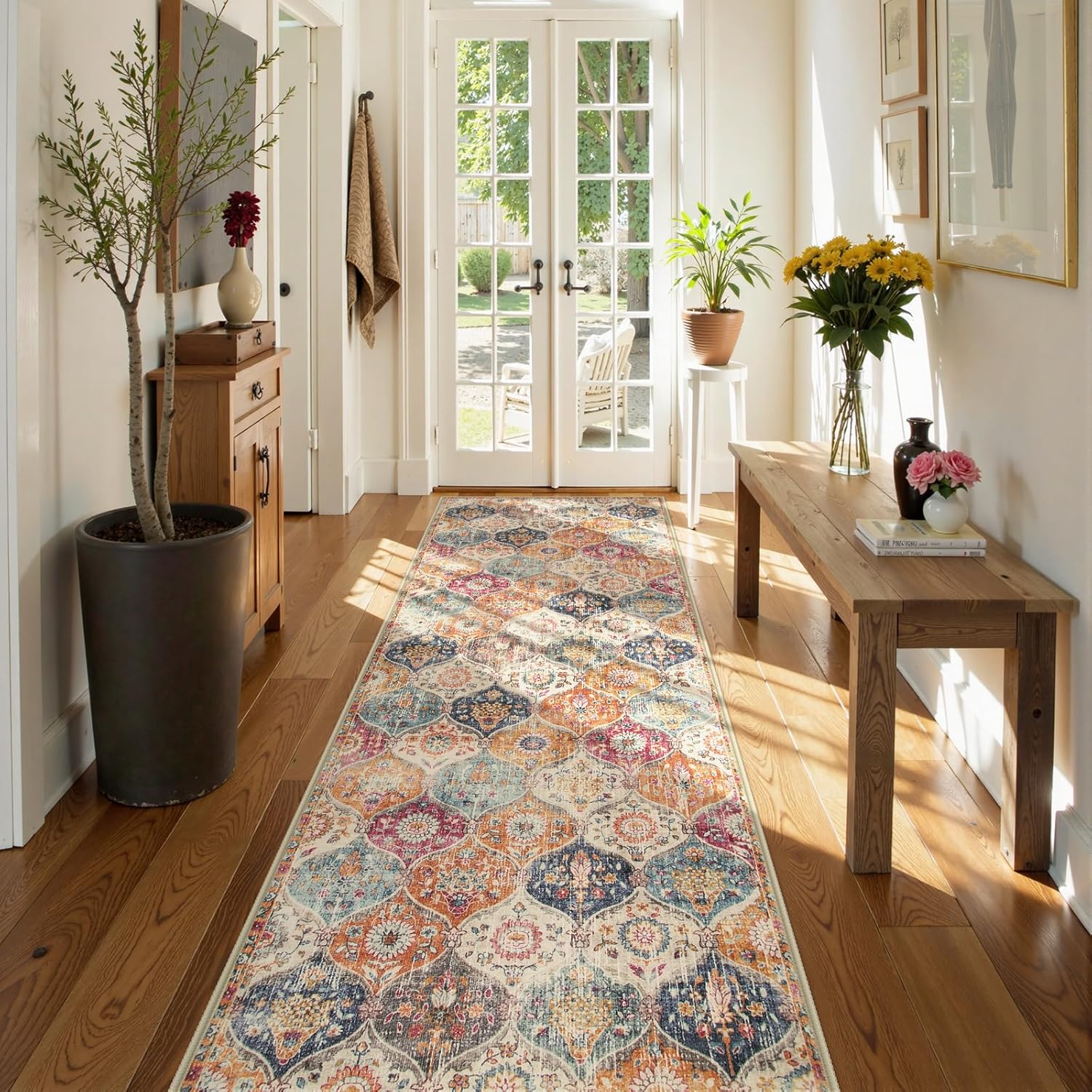 Moroccan Runner Rug Washable Non Slip Cream Multi