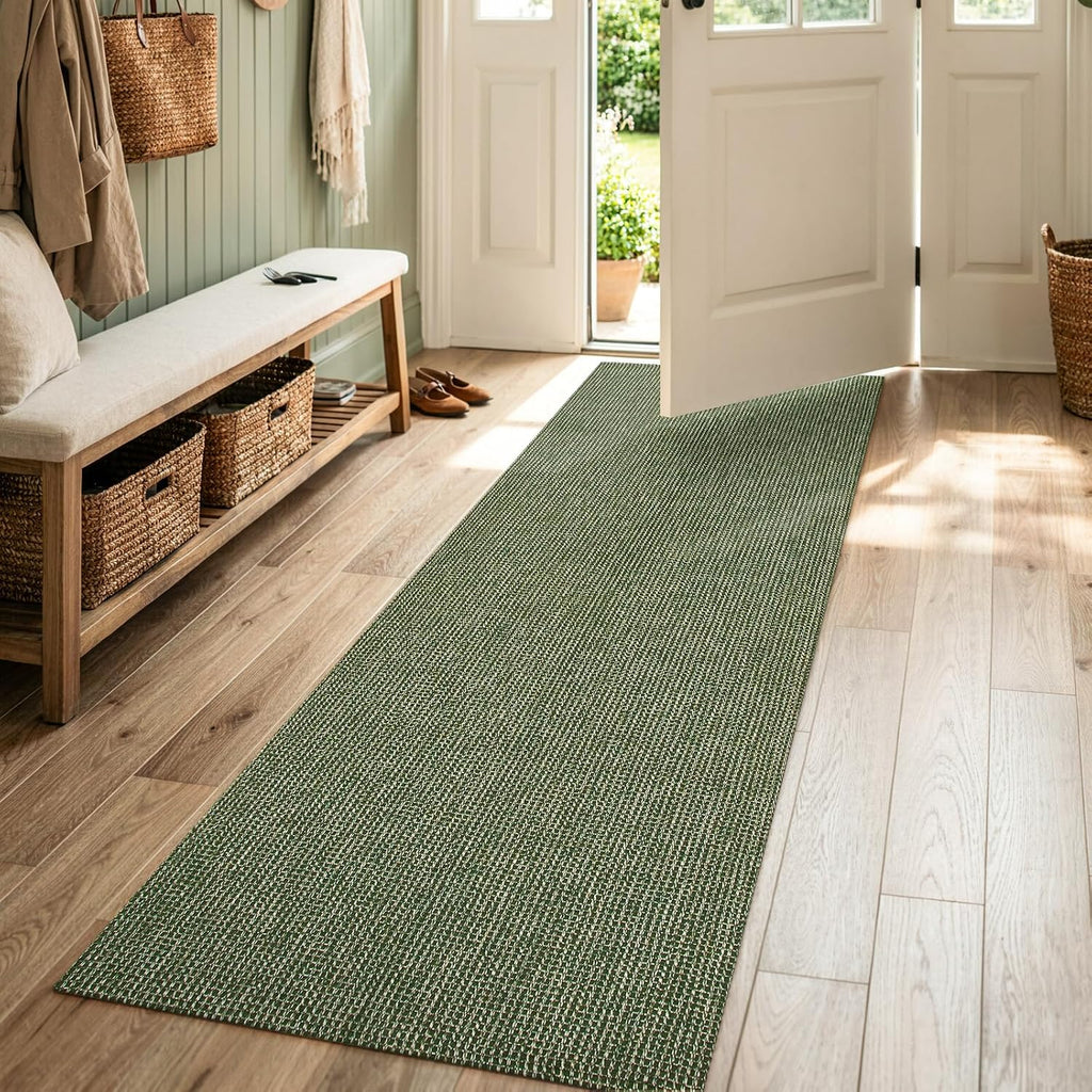 Boho Woven Runner Rug Washable Non Slip Green
