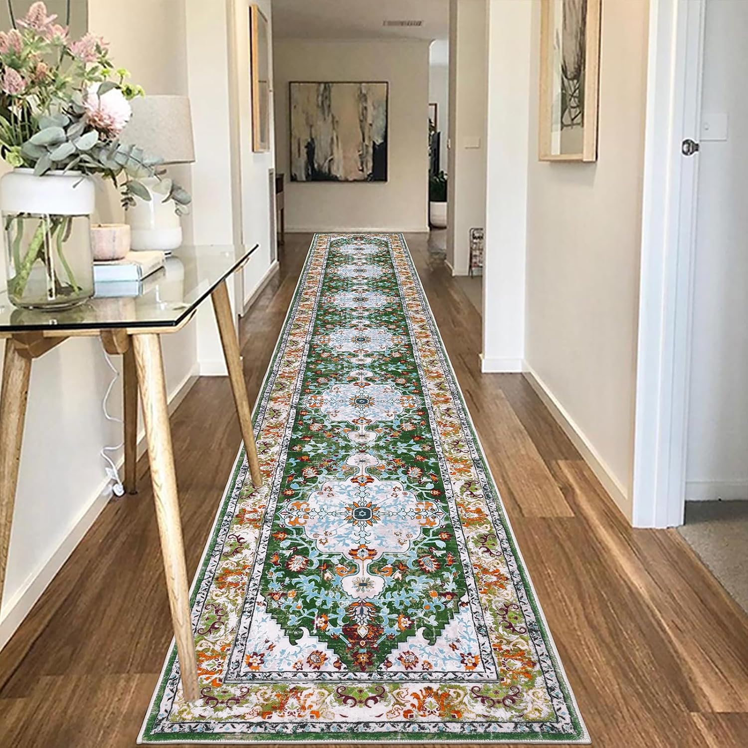 Boho Vintage Runner Rug Non Slip Washable Green