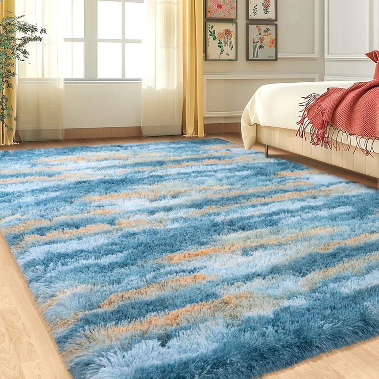 Abstract Blue Washable Non-Slip Memory Foam Shag Rug