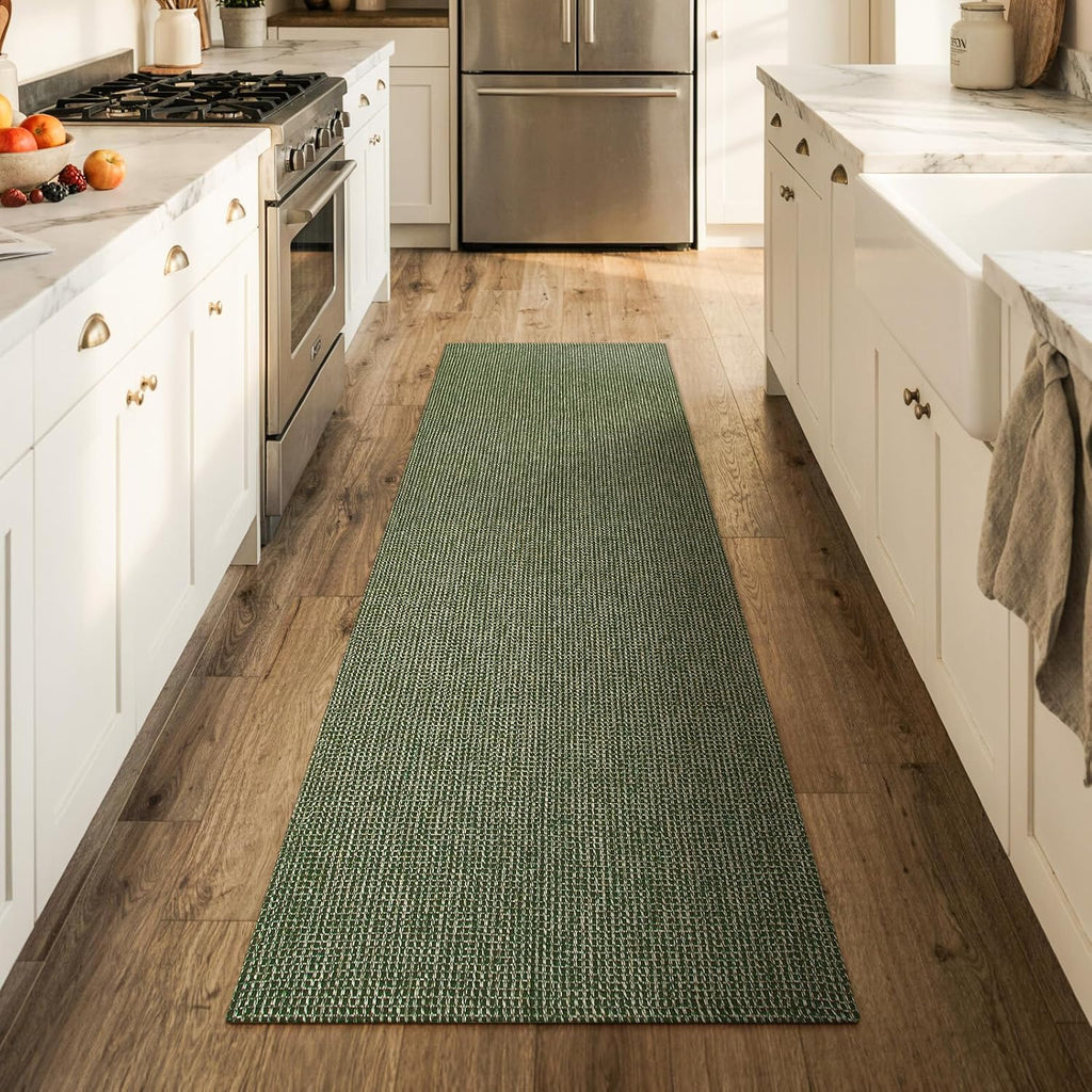 Boho Woven Runner Rug Washable Non Slip Green
