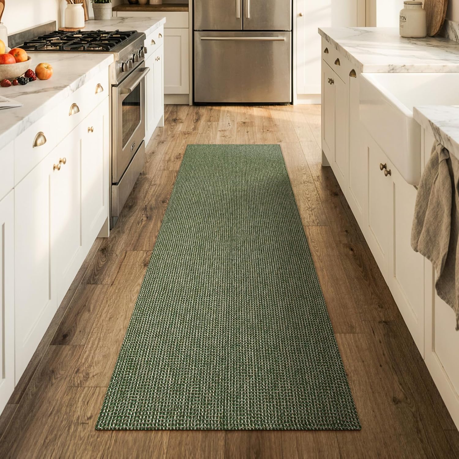 Boho Woven Runner Rug Washable Non Slip Green