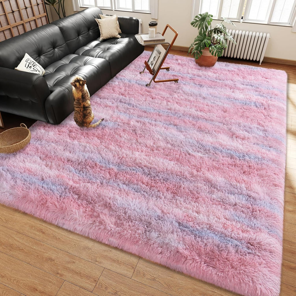 Abstract Pink Washable Non-Slip Fluffy Shag Rug