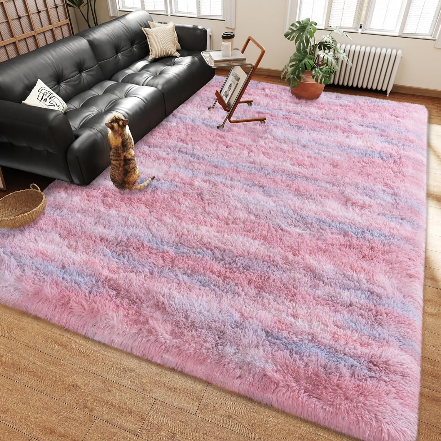 Abstract Pink Washable Non-Slip Fluffy Shag Rug