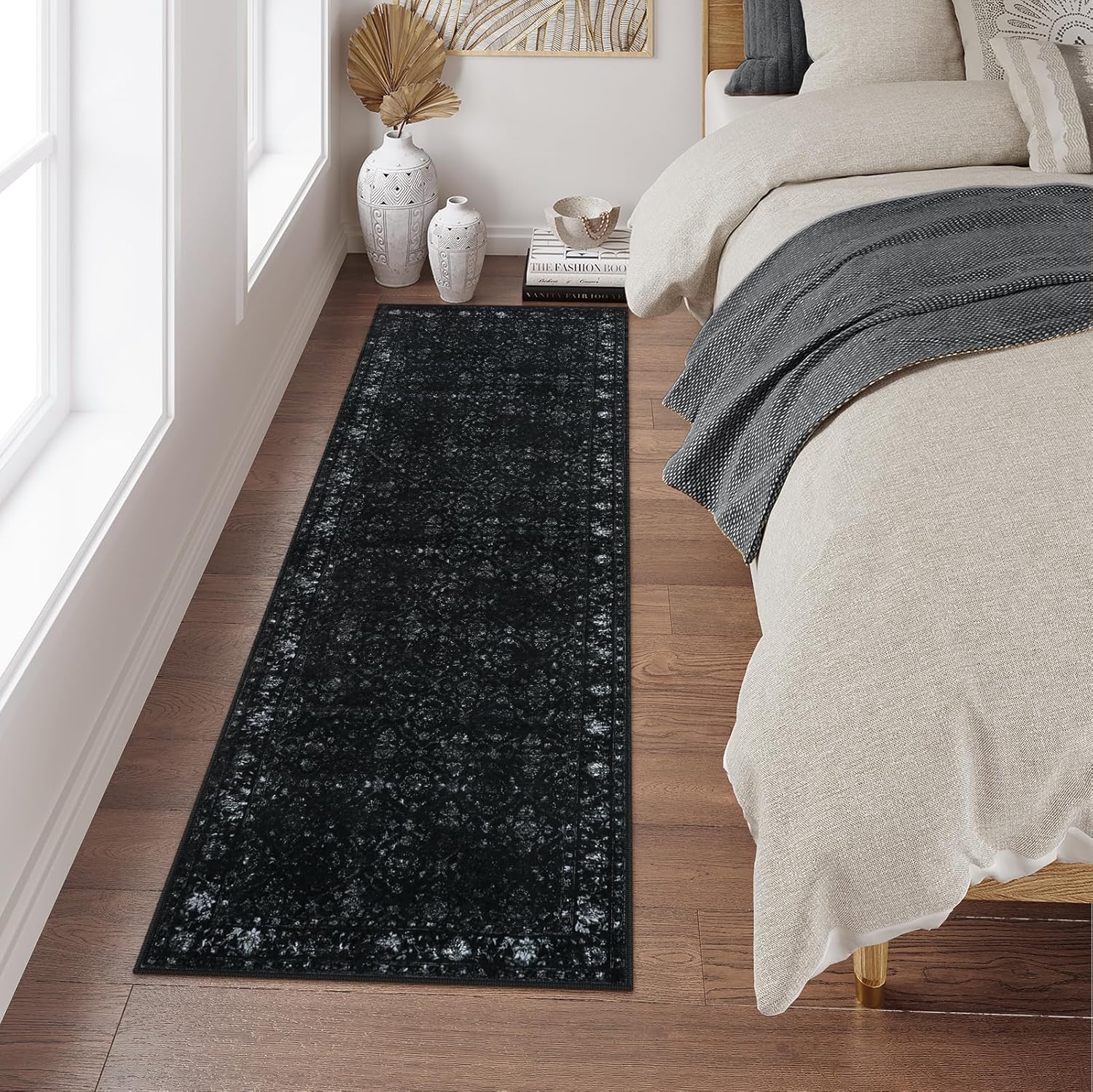 Vintage Runner Rug Washable Non Slip Thin Black
