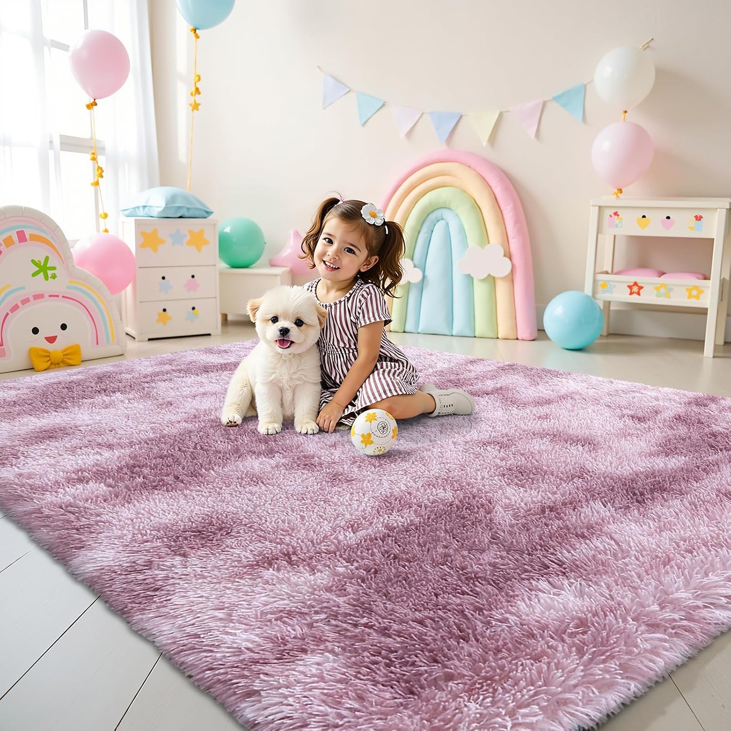 Washable Shaggy Area Rug Dusty Pink Tie-dye