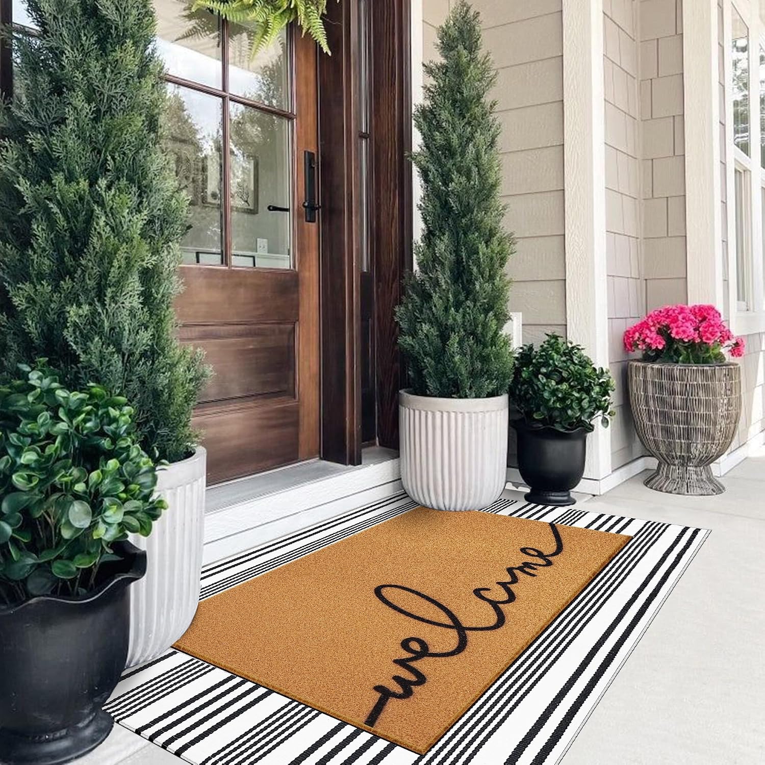 Striped Coir Doormat Set Non Slip Farmhouse Porch Decor
