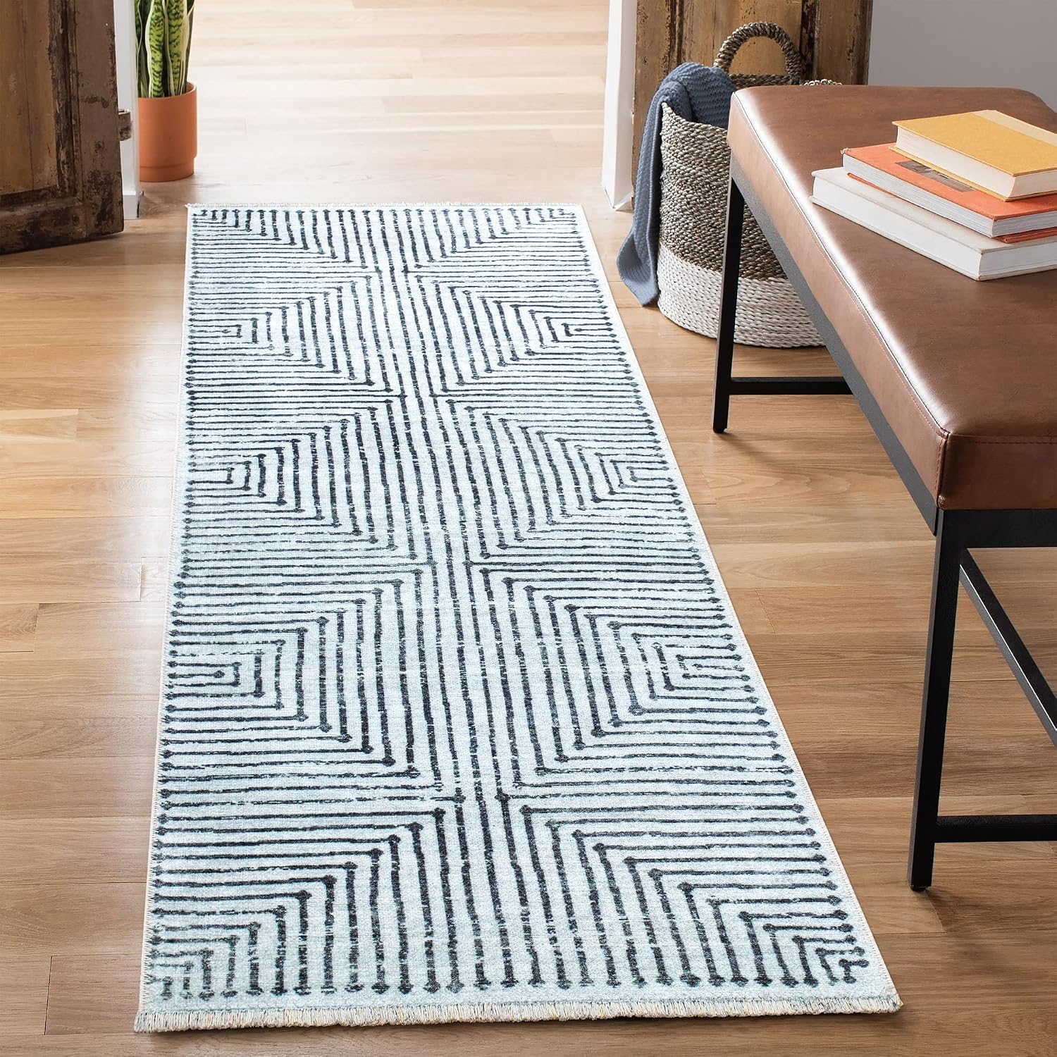 Striped Washable Runner Rug Non Slip Ivory Black