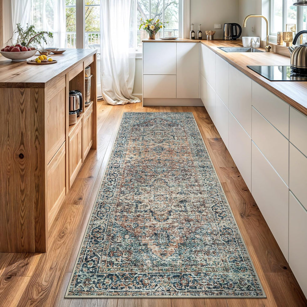 Traditional Runner Rug Washable Non Slip Blue Green