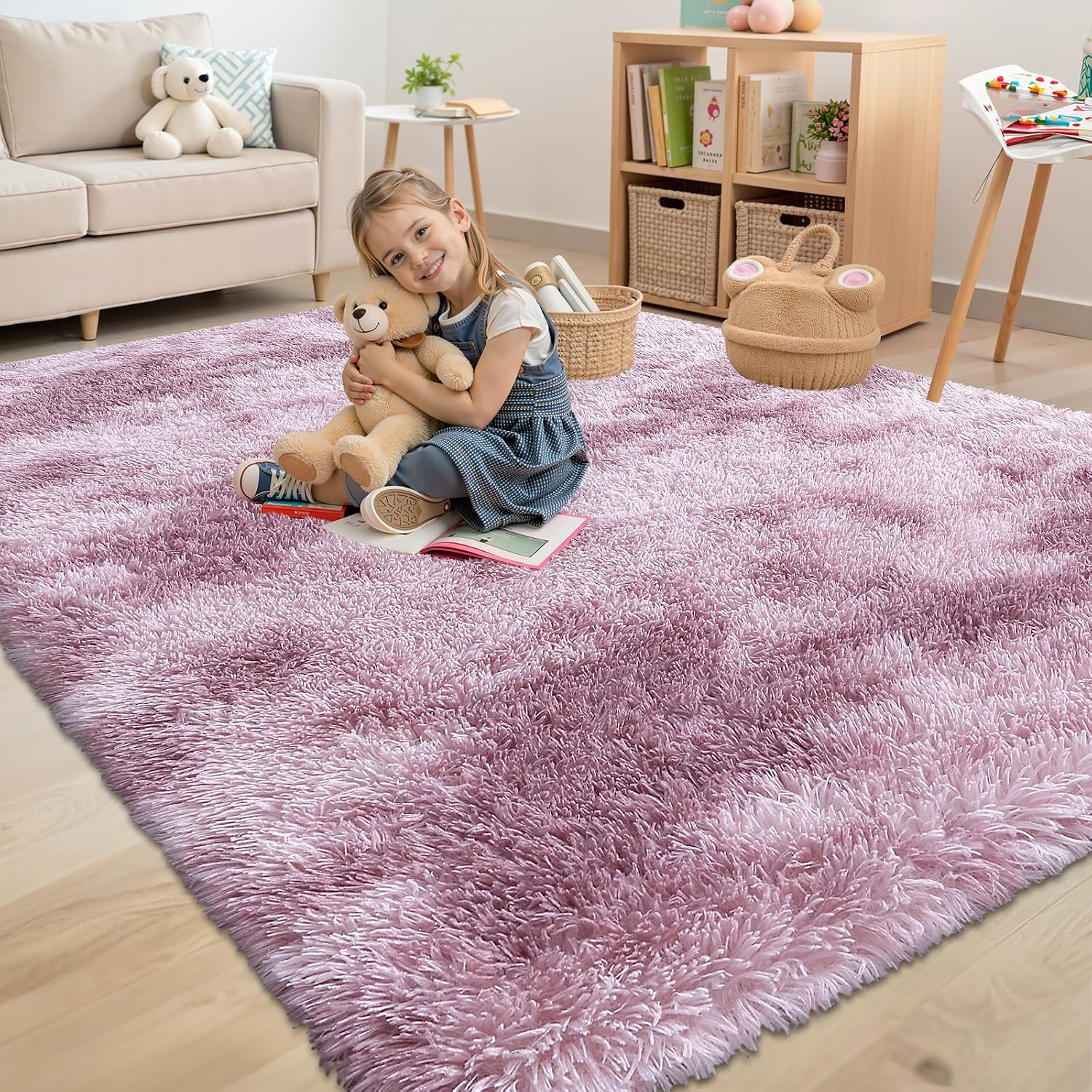 Washable Shaggy Area Rug Dusty Pink Tie-dye
