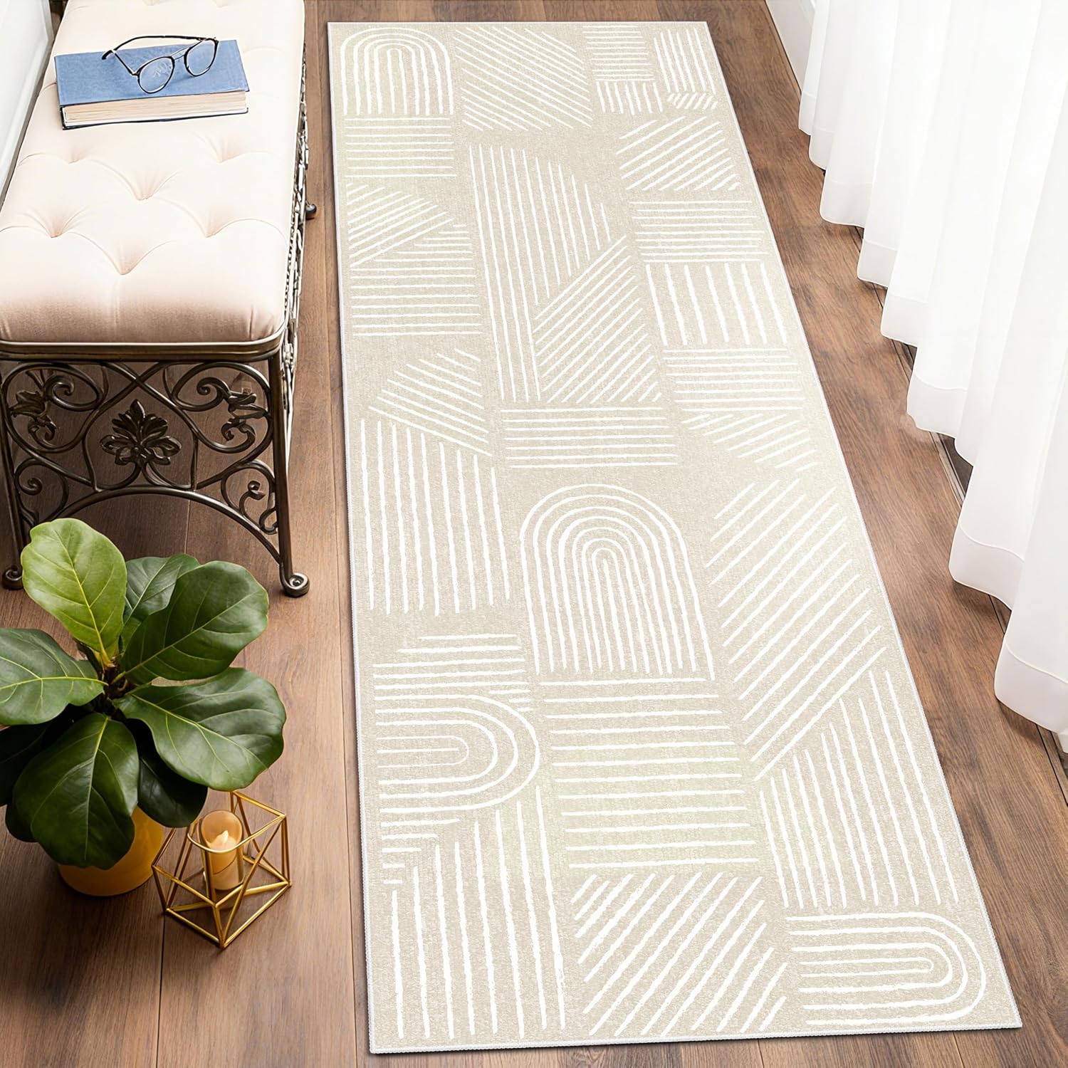 Mid Century Boho Runner Rug Washable Non Slip