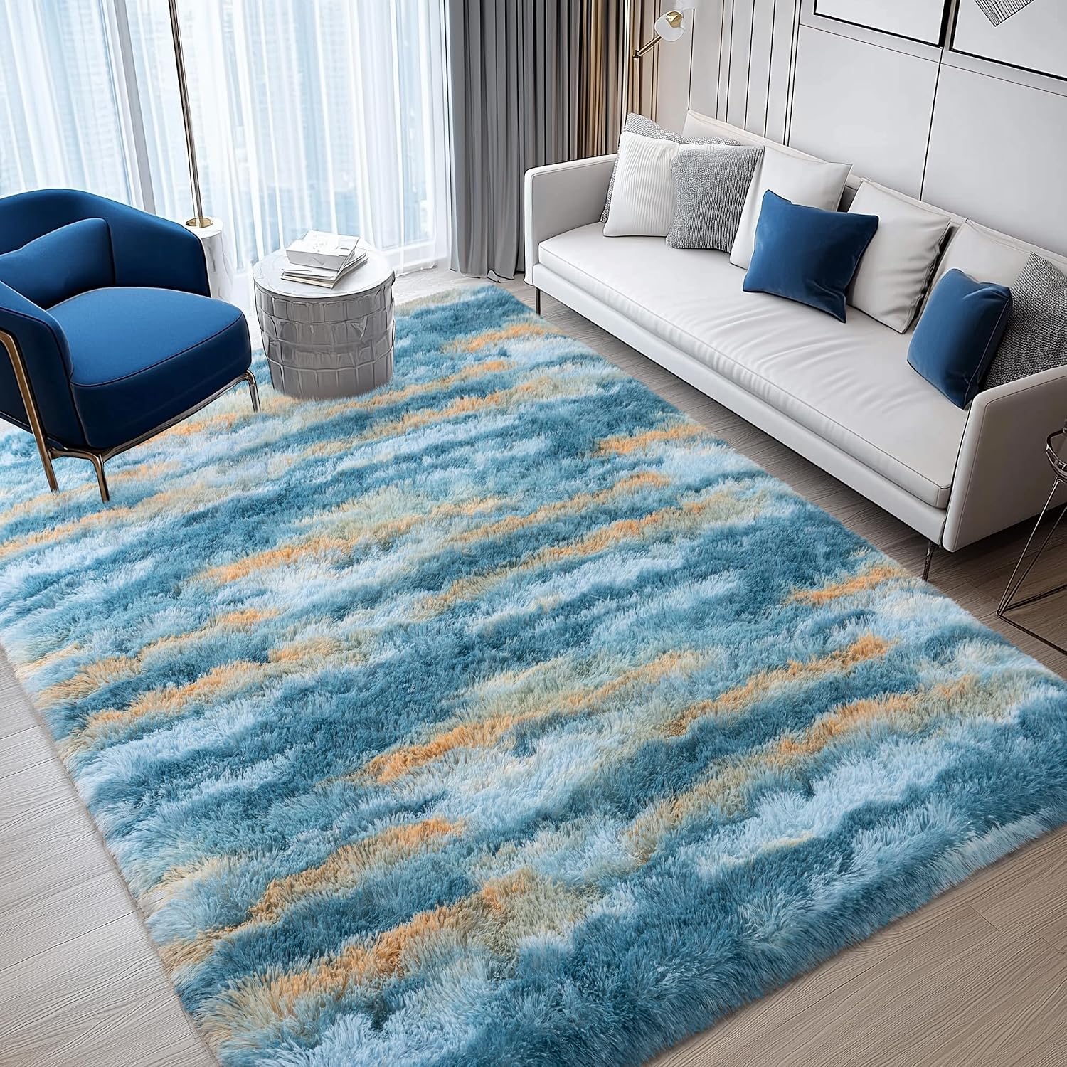 Abstract Blue Washable Non-Slip Memory Foam Shag Rug