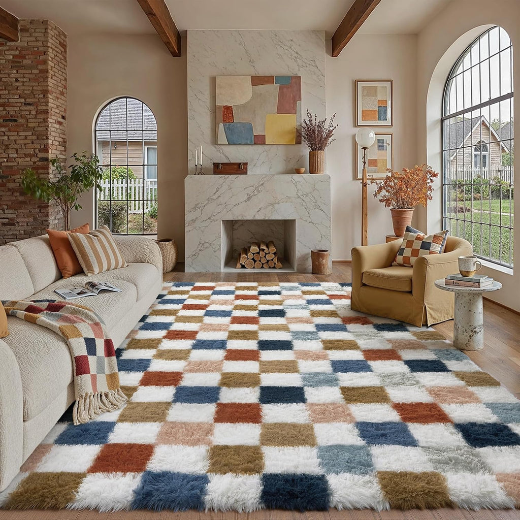Checkered Washable Non-Slip Soft Shag Area Rug